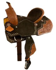 Double T Brown Suede Barrel Saddle With Floral Tooling and White Buckstitchi 15"