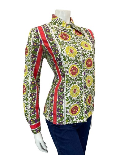 CAMICIA VINTAGE ANNI 60 70 FLOREALE GEOMETRICA FOLK FOGLIA MANDALA BIANCO ROSSO VERDE GIALLO 14 - Foto 7 di 12