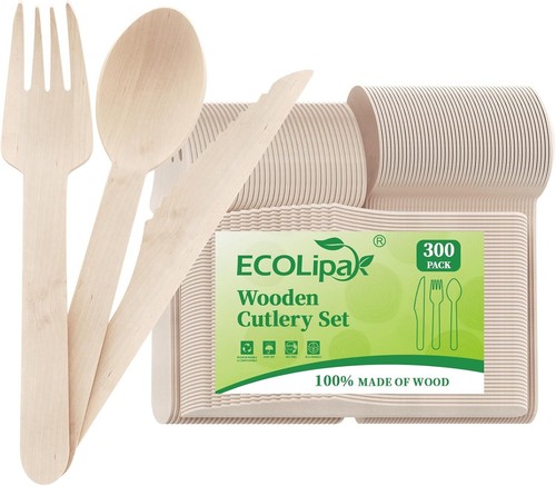 300-piece disposable wooden cutlery set, 100 knives, forks and spoons per set