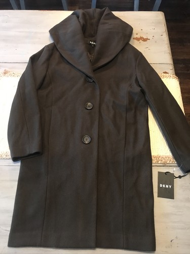 DKNY Walker Moss Dark Brown Coat Wool Blend Oversized Shawl Collar Sz XS - Picture 1 of 14