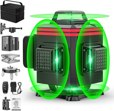 16-Line 4×360° Self-Leveling Green Laser Level 4D Cross Line with Batteries&Kit