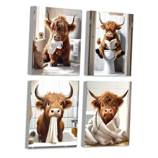 Drsoum Cute Highland Cow Bathroom Framed Wall Art Funny Animal Rustic Canvas 