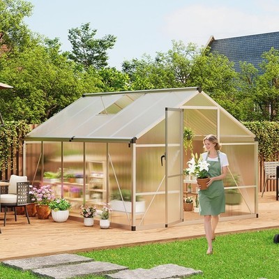 8x10 FT Greenhouse for Outdoors Polycarbonate Flower Greenhouse with Roof Vent