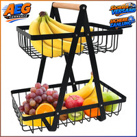 Obstkorb Etagere 2-StöCkig Metall Schwarz Mit Holzgriff FüR Obst GemüSe Snacks