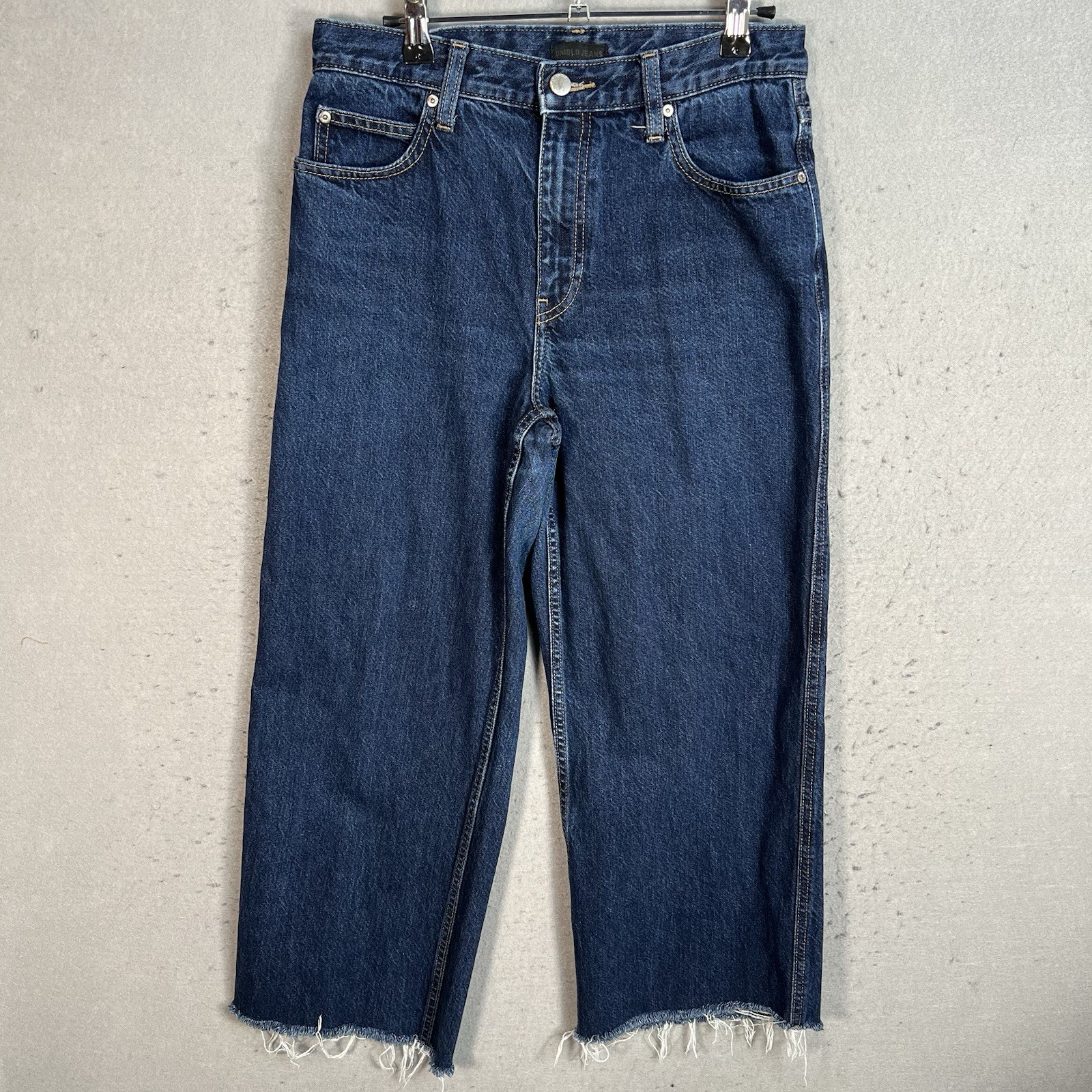 Uniqlo U Wide Leg Jeans Womens 25 Blue Dark Wash Denim Raw Hem