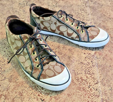 Coach Tie Sneakers Monogram Jacquard Brown Tan Canvas Women Size 11B
