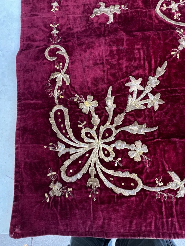 19c. Antique Ottoman Velvet Silver Thread Embroidery Tablecloth Table Cover 32'' - Image 3 of 4
