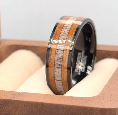 Deer Antler & Oak Wood Inlay Ring Flat Black Tungsten Husband Valentine Band