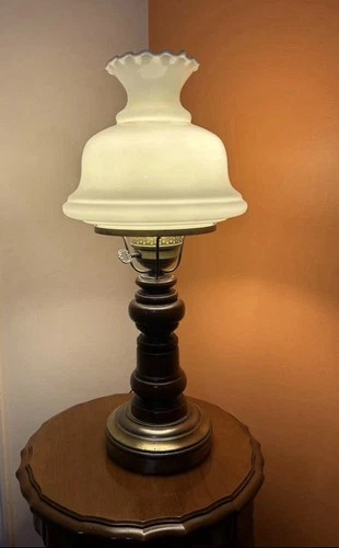 Vintage Milk glass pleated rim Hurricane lamp with wooden and bronze base