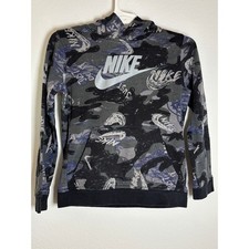 Nike Boys Camo Print Pullover Hoodie Blue Black Grey Logo Fleece Size Medium