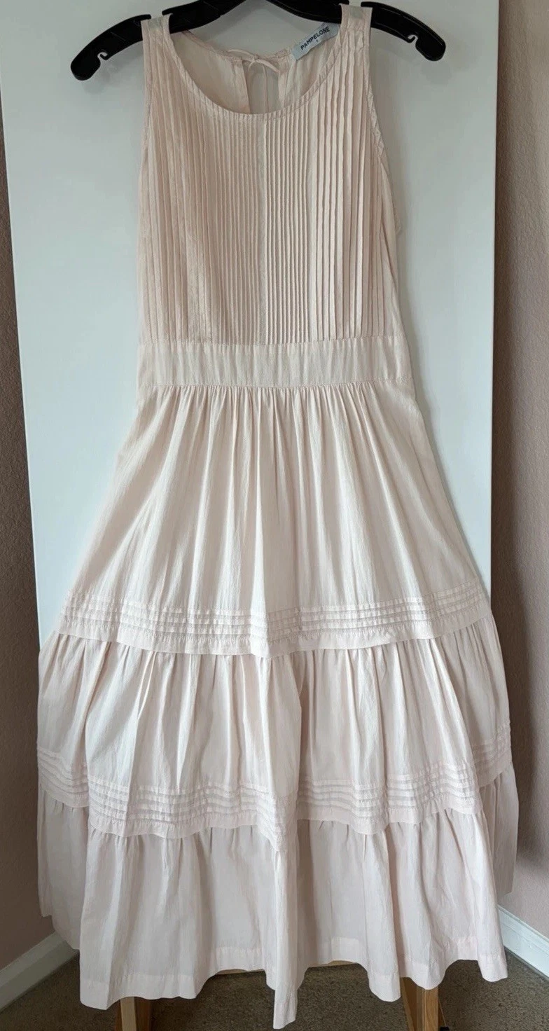 Pampelone Perle Blush Pink Pintuck Pleat Cotton Tiered Maxi Dress (S) Handmade
Opens in a new window