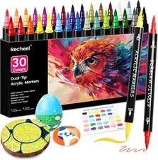 30 Colors Acrylic Paint Markers, Dual Tip Fine and Brush Tips for Detailed Art, 