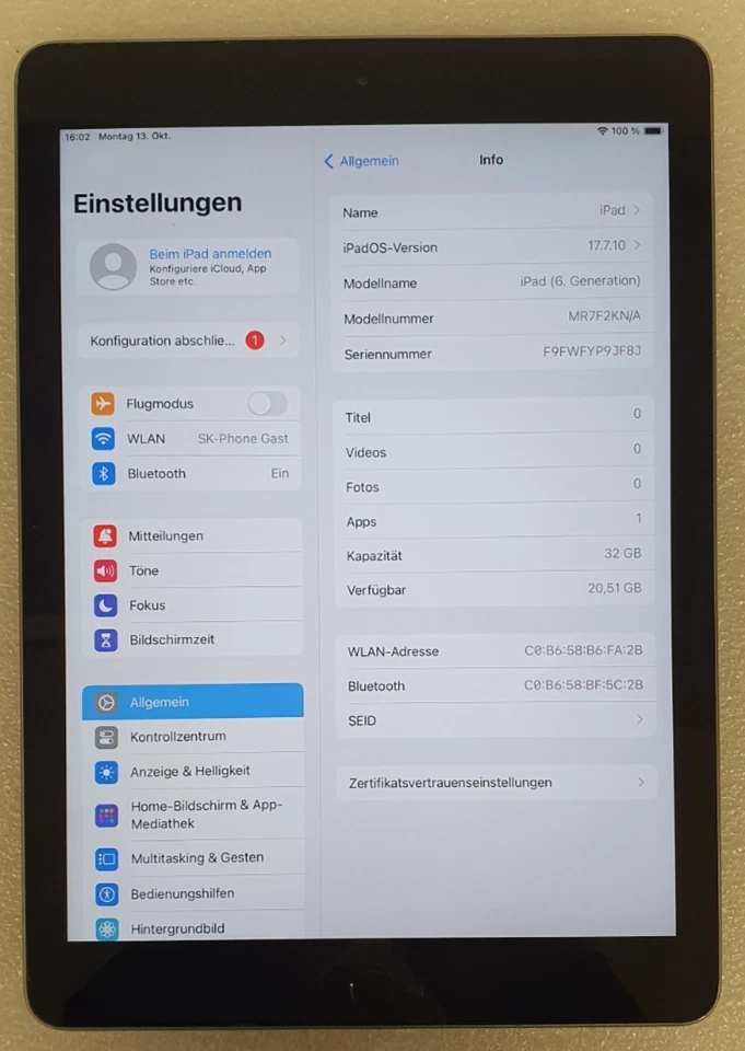Apple iPad 6. Gen. (2018) 9.7" WiFi 32GB Grey - Touch ID ohne Funktion #1036 - Bild 2 von 4