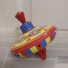 Vintage Schylling Mini Tin Top Spining Toy w/ Classic Red,blue, Yellow Design