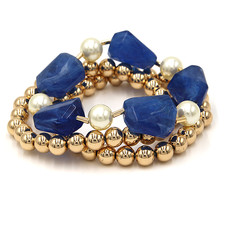 3pc Resin Stone Gold Bead Bracelet Set Faux Pearl Stretch Bangles Multi Color