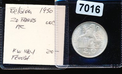 BELGIUM - 20 FRANCS  - 1950 - SILVER - GEM BU - #7016