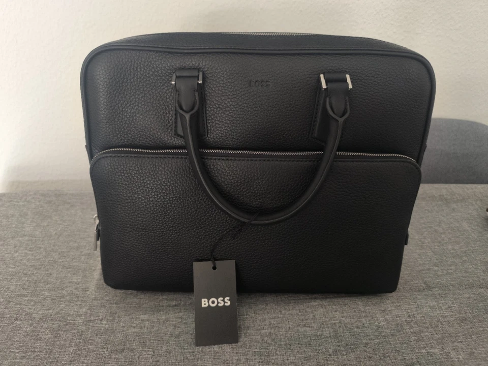 BOSS Herren New Crosstown S. Doc Aktentasche Aus Genarbtem Leder mit Prägung Neu - Bild 1 von 4