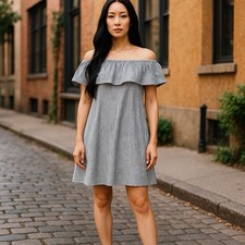 J Crew Off the Shoulder Summer Dress Womens Sz Small Blue White Striped