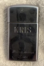Vtg 91 Zippo Slimline Cigarette Lighter High Polish  New Flint Engraved KRIS