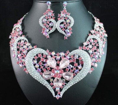 Heart Pink Austrian Rhinestone Crystal Bib Necklace Earrings Set Bridal N1620P