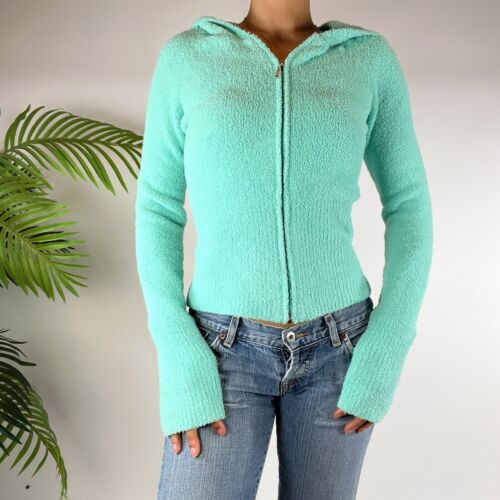 Vintage Y2K Wet Seal Indie Coquette Teal Fuzzy Hooded Zipper Jacket / Size: S - Picture 3 of 6