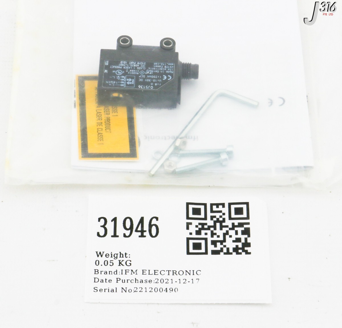 31946 IFM ELECTRONIC RETRO-REFLECTIVE LASER SENSOR, OJPLFPKG/SO/AS