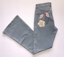 VINTAGE CACHE Jeans Women  s 6 Y2K Floral Embroidered Light Wash Flared Pants AOP