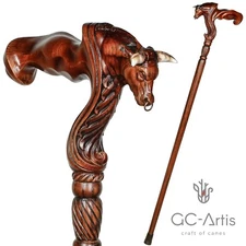 Original GC-Artis Wooden Bull Ox Walking Cane Stick for man - Ergonomic Handle 