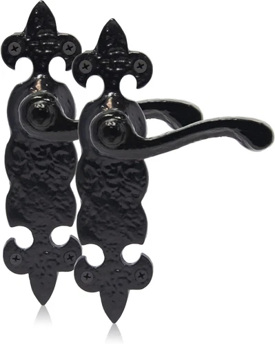 Fleur De Lys Lever Door Handles On Plate  Latch Black Antique 190mm Set Pair