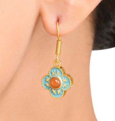 Masterly Crafted Carnelian 14K Gold Plated Art Deco Enameled Earring
