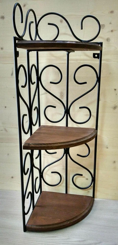 Mensola angoliera in ferro battuto e legno stile rustico nero/noce antico  - Immagine 2 di 4