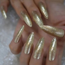 24 Press on Nails kit w Glue extra long stiletto Gold Glitter pointed catty