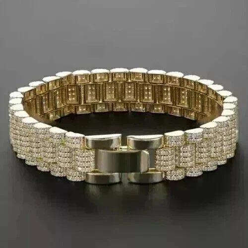 Brazalete de eslabones de tenis redondo de diamantes creados en laboratorio de 8 quilates para hombre enchapado en oro amarillo de 14 quilates Foto 3 de 4