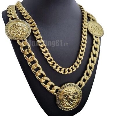 Gold Plated Medusa Head 3 Medallion Cuban Link Chain Necklace & 10mm 30'' Chain