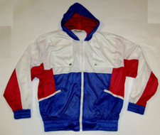 VINTAGE 1970s NYLON TRACK SUIT JACKET/PANTS RED, WHITE BLUE HOOD USA MED
