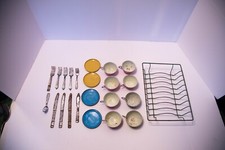 Lot of 23 Vintage Asst Toy Kitchen Metal Cups and Drying Rack w/Plastic Utensils