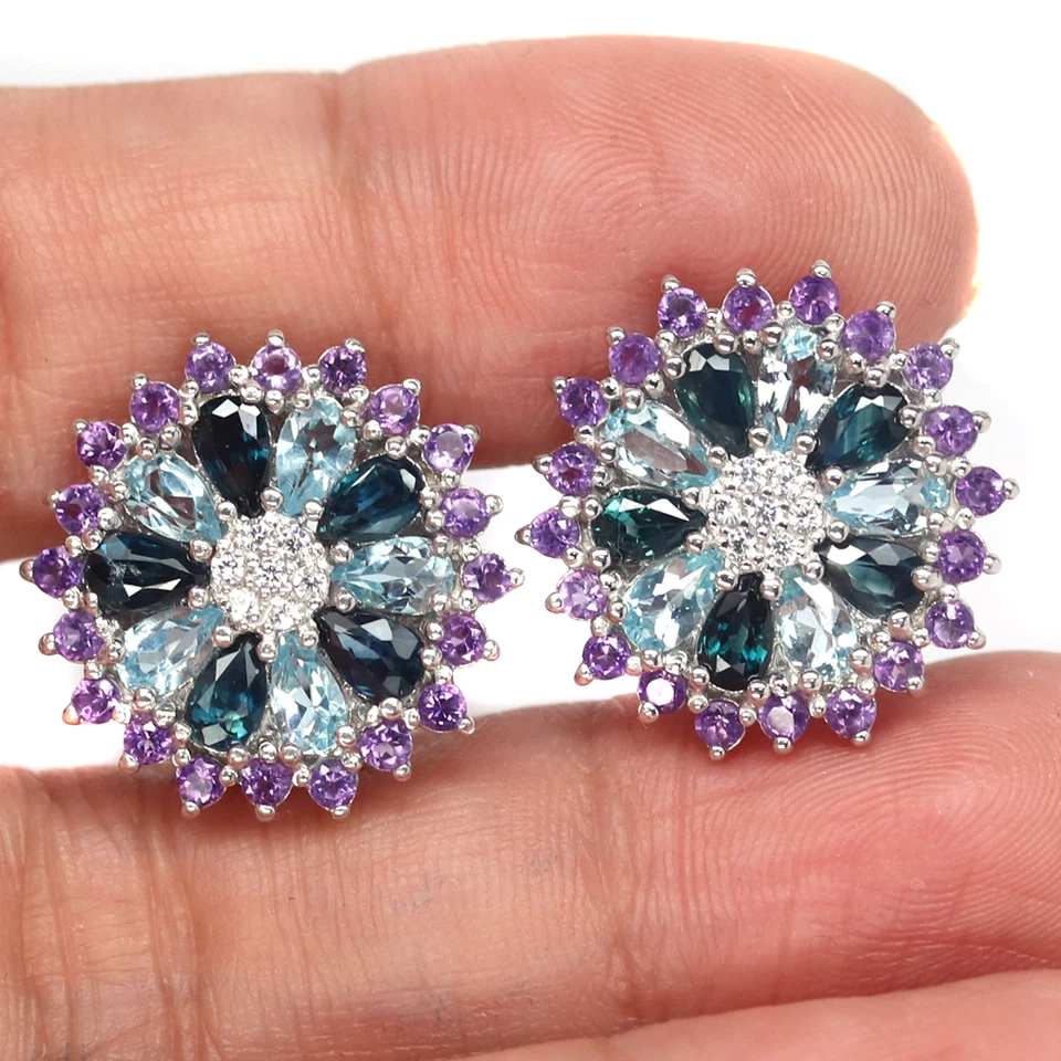 伦敦蓝色带天空蓝色黄玉、紫水晶和立方氧化锆耳环 925 银 — 第 2/4 张图片