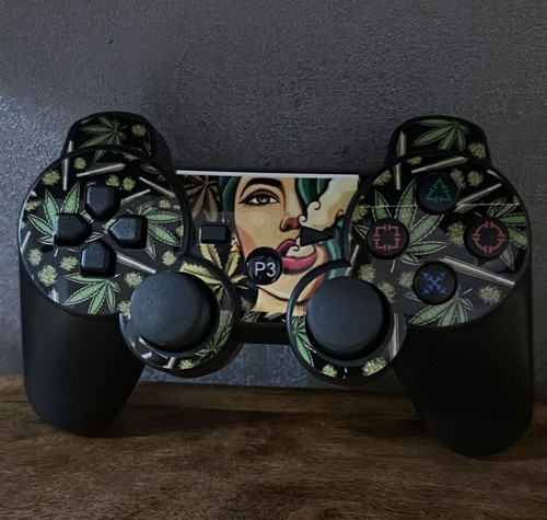 Green Weed Leaf 420 Girl Black Wireless Controller Game Pad For PS3 Cartoon Gift - Picture 1 of 2