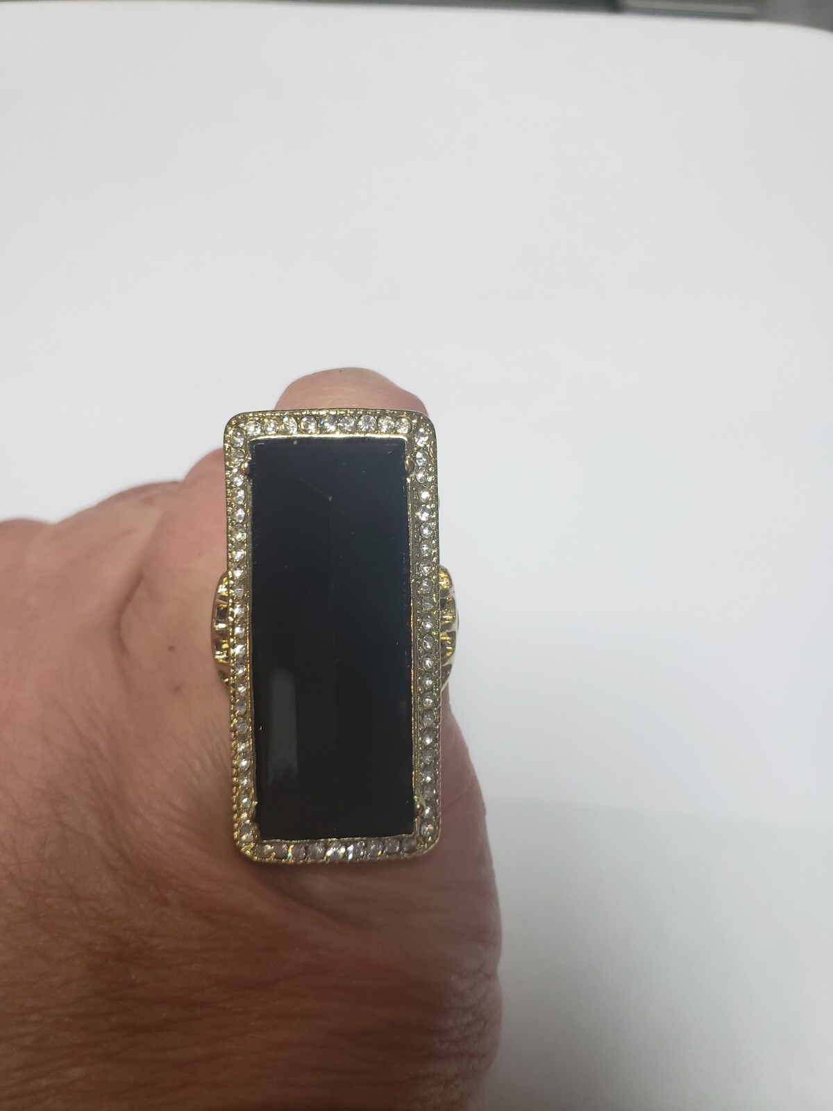Large Rectangular Statement Ring, Black Stone, Rh… - image 1