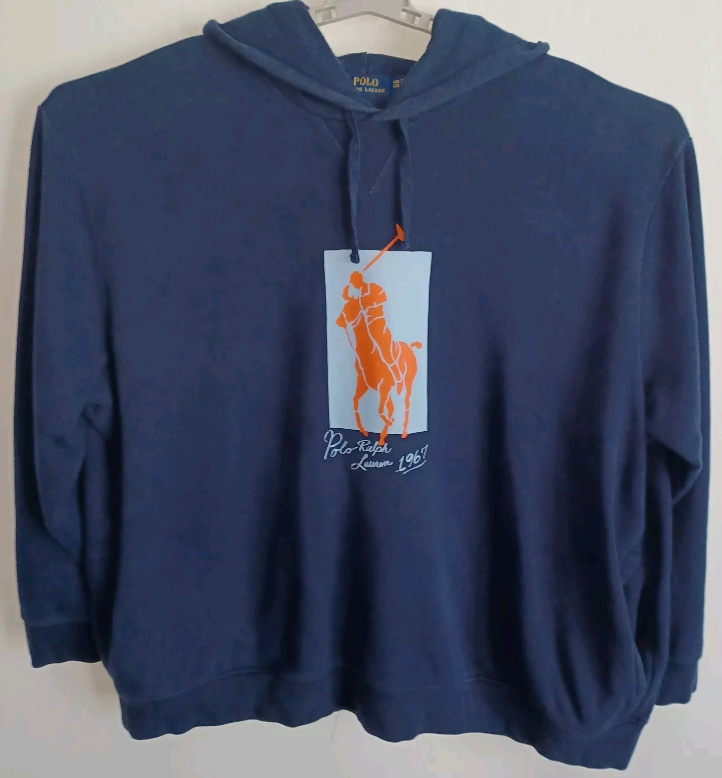 Polo Ralph Lauren uomo 4XB felpa con cappuccio in pile grande arancione polo pony su blu navy