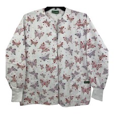 UA Scrubs Scrub Top Womans Medium Long Sleeve Snap Blue With Flowers Pockets