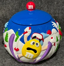 2003 M&Ms Christmas Holiday Skiing Ceramic M&M Cookie Candy Jar w/Lid Vintage