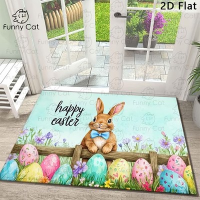 Funny Easter Bunny Welcome Mat with Blue Bow Tie & Floral Eggs - Spring Rabbit