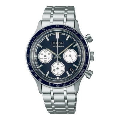 Seiko Herren Chronograph Uhr mit blauem Zifferblatt und silbernem Armband SSB477P1