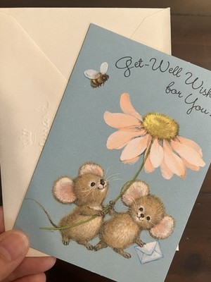 Vintage Get Well Soon Greeting Note Card Cute Mouse Mice Flower Kitschy Sweet 