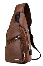 Leather Sling Bag Mens Crossbody Bag Chest Bag Sling Backpack For Men With USB.