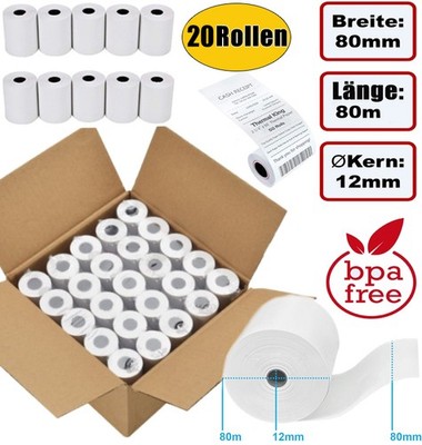 20 Thermorollen 80mm x 80m x 12mm Bonrollen / Kassenrollen Premium Qualität DE