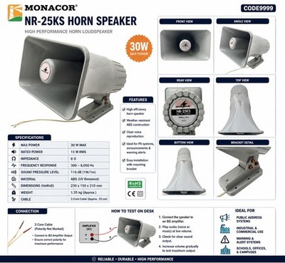 Monacor NR-25KS Horn Speaker - 30W / 8Ω - Industrial PA Speaker