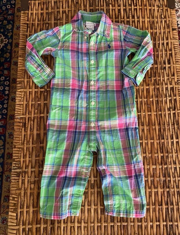 Ralph Lauren Baby Boys Long Sleeve Blue Plaid Logo Coverall Size 9 Months