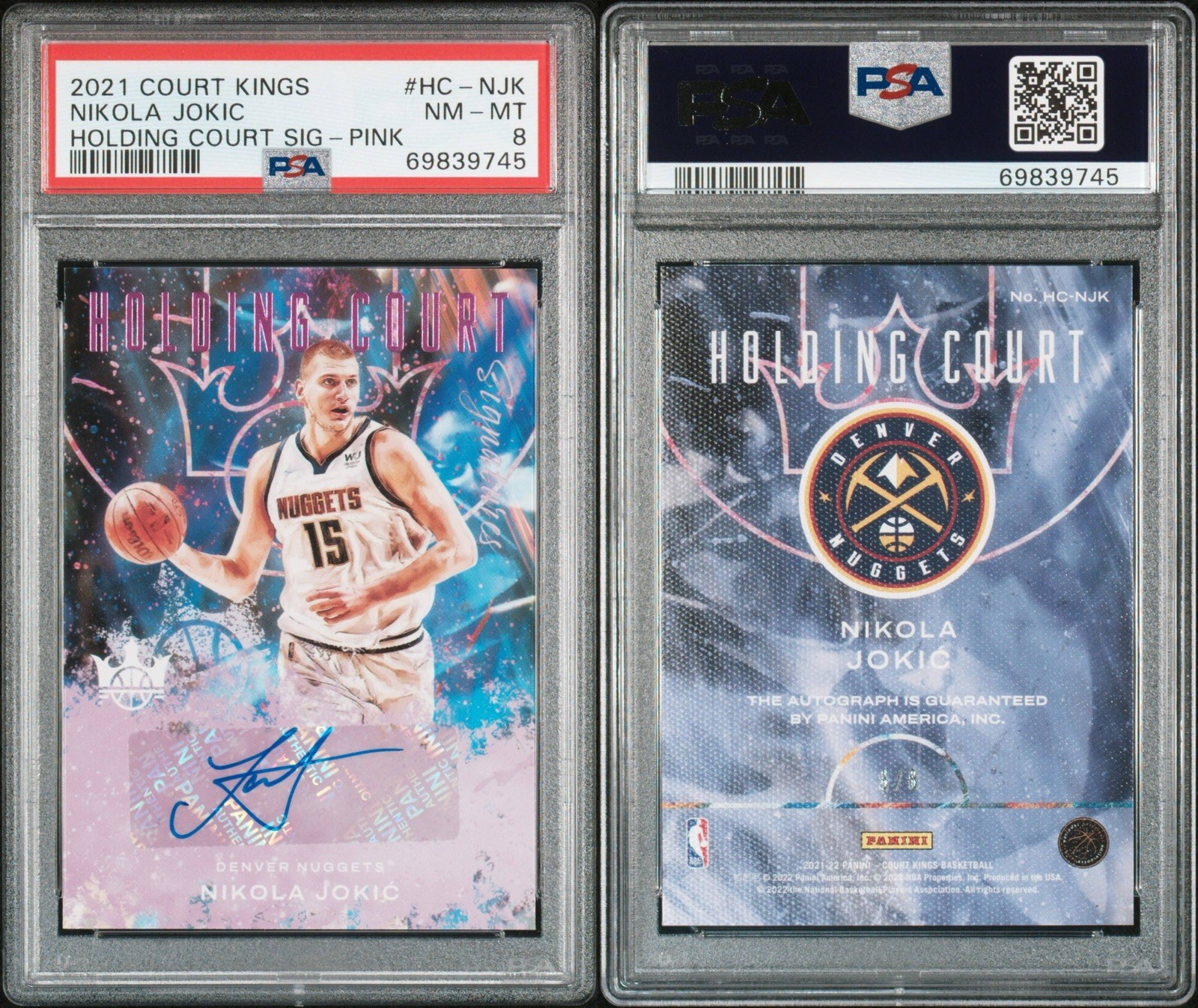Nikola Joki Autographed Signed Denver Nuggets 2021-22 Court Kings Nikola Jokic Holding Court Pink 8/8 PSA 8 Auto 